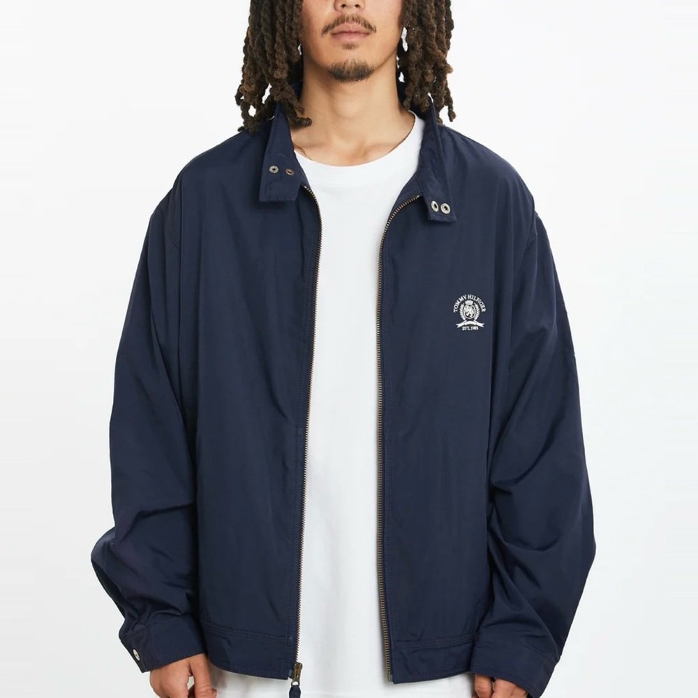 🥏Tommy Hilfiger Mens Size L 90’s Embroidered Crest Navy Wind Breaker Jacket Coat
